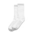 A pair of white socks laid flat, featuring a smooth texture and ribbed detailing at the top.