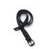A braided navy mesh belt with a black buckle and leather accents, featuring a logo.
