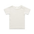 A short-sleeved, organic infant tee in cream colour, featuring shoulder snaps and a simple design.