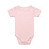 A pink organic infant one-piece with short sleeves and a back closure. It includes branding.