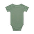 A light green organic infant one-piece with short sleeves, featuring a simple design and no visible branding.