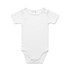 A white organic infant one-piece with short sleeves and snap fastenings at the leg. Features a simple design and has a logo.