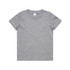 A grey short-sleeved t-shirt featuring a simple design and a logo on the neckline.