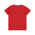 A red kids' t-shirt with short sleeves and a plain back. It features a small logo on the side.