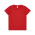 A red youth t-shirt featuring short sleeves and a crew neckline, with a tag inside and a small logo.