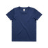 A navy blue youth staple tee with a classic crew neck design and a logo on the label.
