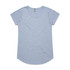 A light blue women's t-shirt with short sleeves and a curved hem. It features a brand logo on the tag.