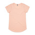 A short-sleeved, scoop-neck t-shirt in a soft peach colour. It has a tag and a slightly curved hemline.
