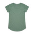 A green women's T-shirt with a scooped neckline and short sleeves, featuring a logo on the label.