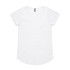 A white T-shirt featuring a scoop neckline and short sleeves, with a logo tag on the back.