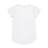 A white t-shirt with a rounded neckline, featuring short sleeves and a curved hem. It has a logo on the back.