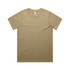 A plain khaki T-shirt featuring a crew neck and short sleeves, with a logo on the label.