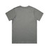 A grey T-shirt with a plain back, featuring a branding logo on the back neckline.