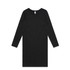 A long-sleeved organic dress in solid black with a round neckline and no visible embellishments. A long-sleeved organic dress in solid black with a round neckline and no visible embellishments.