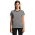 A striped black and white T-shirt with a round neckline and short sleeves. The model stands against a plain background.