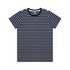 A navy and white striped t-shirt with a crew neckline and short sleeves. It features a subtle logo on the label.