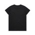 A black t-shirt with a crew neckline and short sleeves, featuring a logo on the back.