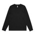 A black long-sleeve T-shirt with a round neckline and a logo. It has long sleeves and a simple design.