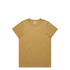 A plain, mustard yellow t-shirt featuring a simple design and a logo at the neckline.