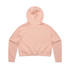 A cropped hoodie in a soft pink colour with a hood and long sleeves, featuring a branding logo.