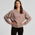 A relaxed-fit jumper in beige with long, wide sleeves and a round neckline, featuring a branding logo.