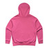 A pink hoodie with a spacious hood and long sleeves, featuring a plain back view and a branded logo.