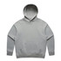 A grey hoodie with a front pocket and a hood, featuring a logo.
