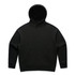 A black hoodie featuring a front pocket and a spacious hood, with a simple design and no visible logos.