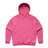 A pink hoodie with a front pocket and a large hood. It features a logo on the front.