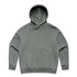A grey hoodie with a front pocket and an attached hood, featuring a logo on the garment.
