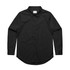 A black button-up shirt with long sleeves and a collar, featuring a logo on the tag.