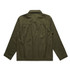 An olive green chore jacket featuring a back pleat design and long sleeves. It has a collar and a branded logo.