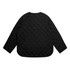 A black quilted jacket with a rounded hem and long sleeves, featuring a logo on the back.