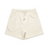Cream-coloured sports shorts featuring an elastic waistband and a drawstring, with a small logo.