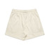 Cream-coloured sports shorts with an elastic waistband and a side pocket, featuring a logo.
