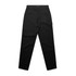 Black cargo pants featuring multiple pockets and a button closure, with a logo on the waistband.