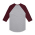 A grey raglan tee with maroon sleeves, featuring a rounded hem and a logo on the back.