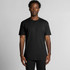 A black t-shirt displayed on a model, featuring short sleeves and a relaxed fit. It has a logo on the garment.