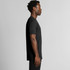 A black T-shirt displayed on a model, featuring a simple design and a logo on the fabric.