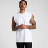 A white sleeveless tank top is displayed, featuring a fitted design and a logo on the fabric.