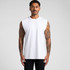 A sleeveless white tank top worn by a model with tattoos, featuring a simple design and a branding logo.
