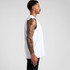 A white sleeveless tank top displayed on a model with tattoos, featuring a logo on the fabric.
