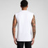 A white sleeveless tank top viewed from the back, featuring a logo on the back. The model has visible tattoos.