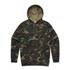 A camouflage hoodie featuring shades of green and brown, with a front pocket and a hood. It has a logo.