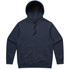 A navy blue hoodie featuring a front pocket and a drawstring hood. It has a logo on the front.