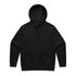A black hoodie with a front pocket and a hood, featuring long sleeves and a simple design.