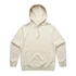 A cream hoodie with a front pocket and drawstring hood. It has a logo on the chest area.