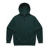 A dark green hoodie with a hood and kangaroo pocket, featuring a logo on the front.