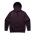 A dark purple hoodie with a front pocket and drawstring hood. The garment has a logo on it.