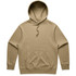 A tan hoodie with a front pocket, drawstring hood, and a simple design. It features a logo on one side.